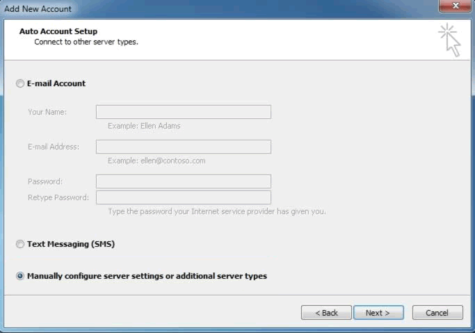 Outlook 2010 Manually configure server
