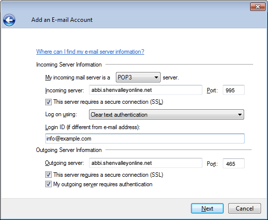 Windows Live Mail 2009 Server Settings