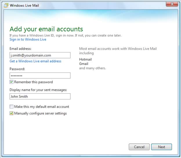 Windows Live Mail 2011 account information