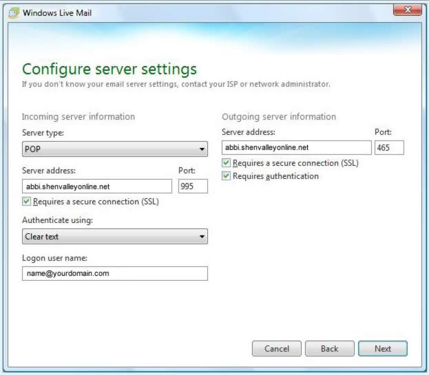 Windows Live Mail 2011 Server Settings